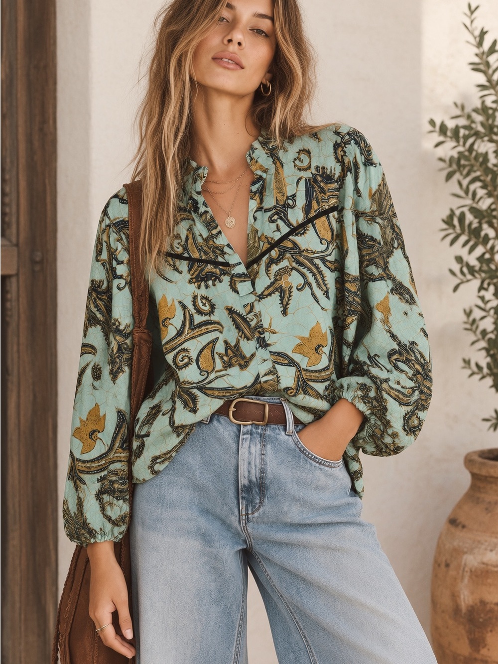 Boho Paisley Balloon Sleeve Blouse
